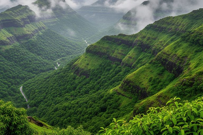 Panoramic view of Igatpuri's green hills during the monsoon with mist covering the peaks