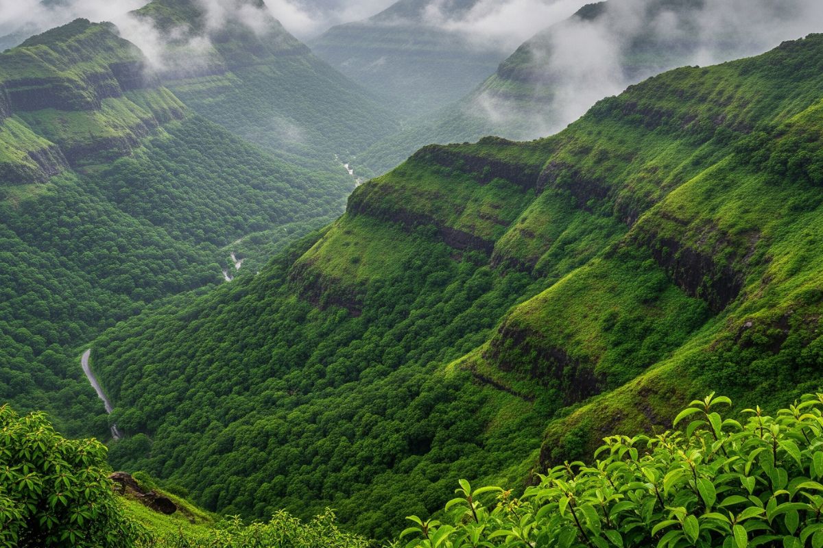 Panoramic view of Igatpuri's green hills during the monsoon with mist covering the peaks