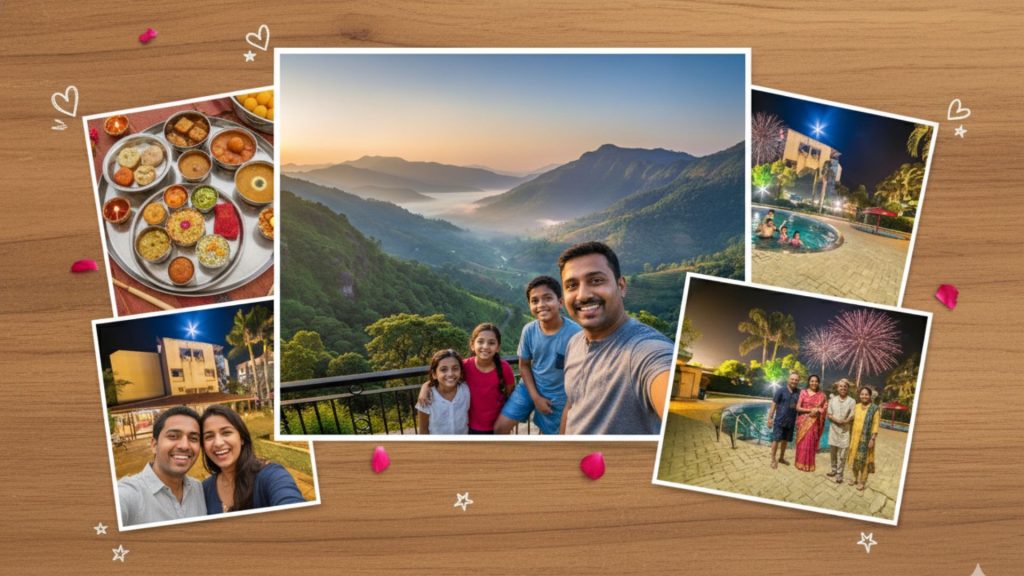 A collage of guest photos - smiling families, beautiful food spreads, and selfies against the mountain views