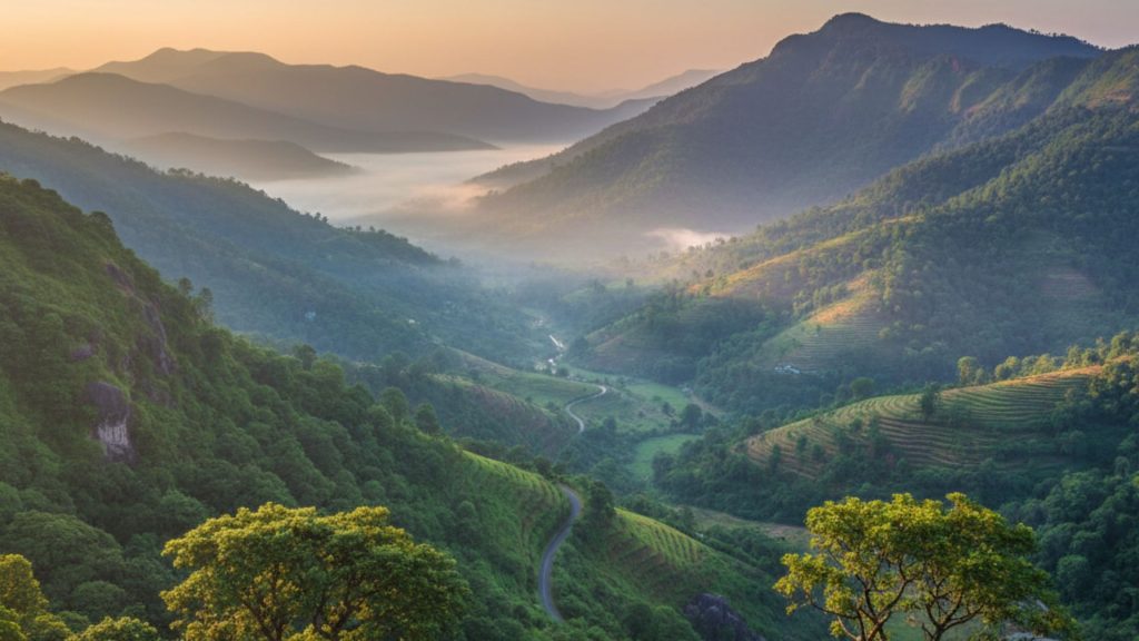 A panoramic view of the lush green Sahyadri mountains in Igatpuri, bathed in soft morning light
