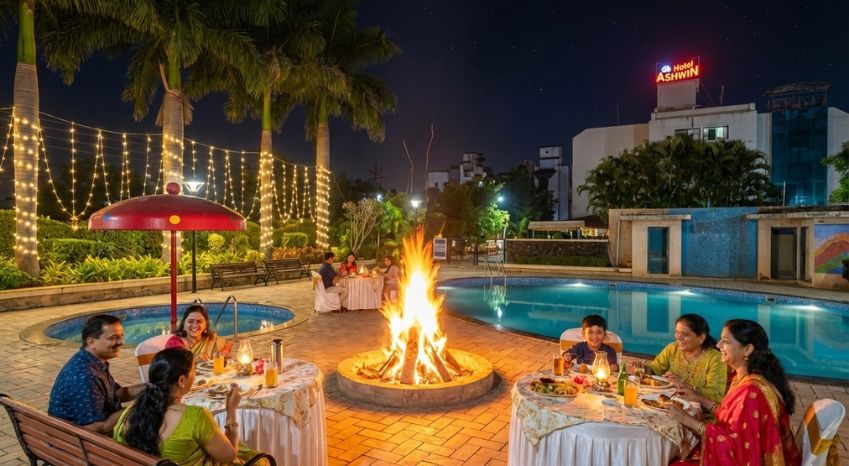 Families enjoying New Year's Eve dinner at Hotel Ashwin Igatpuri