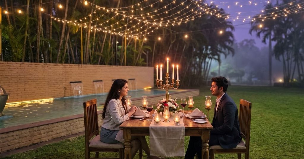 Private garden dinner setup for a couple in Igatpuri