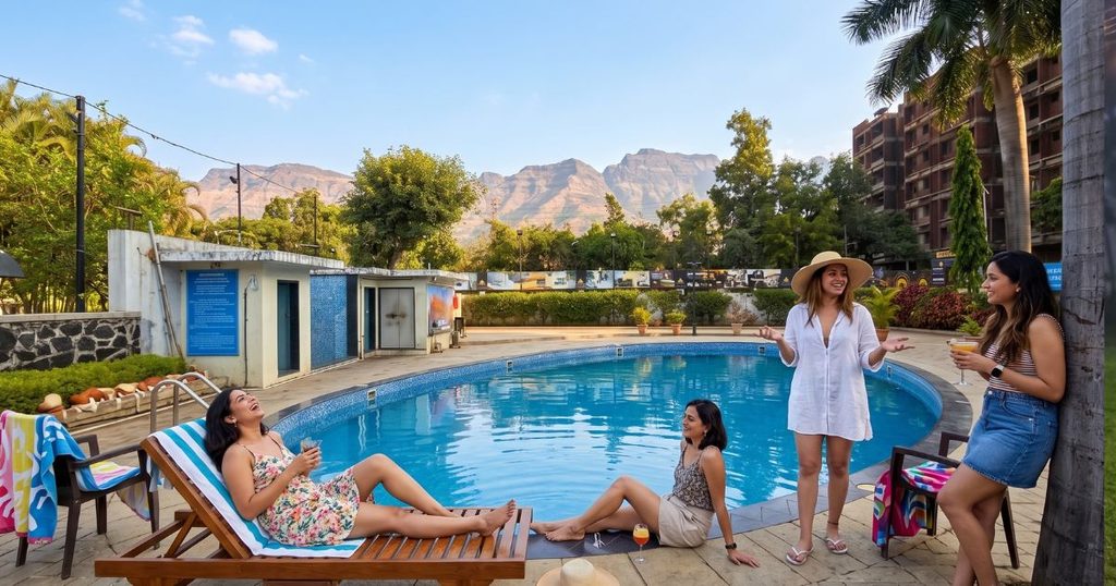 riend group relaxing poolside during an Igatpuri weekend trip