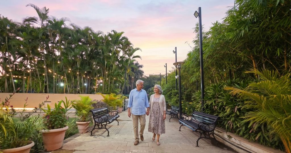 Senior couple walking a flat, accessible path at an Igatpuri resort